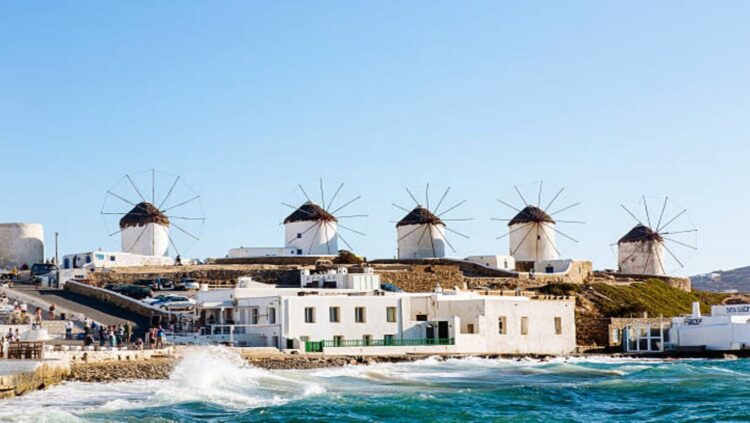 Picture of the windmills in old town Mykonos. 