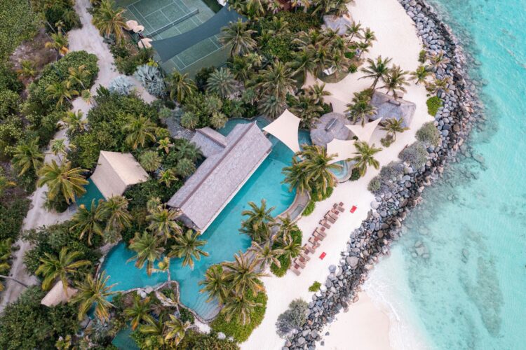 Arial view of the Main Beach and Crocodile Pavilion at Necker Island .